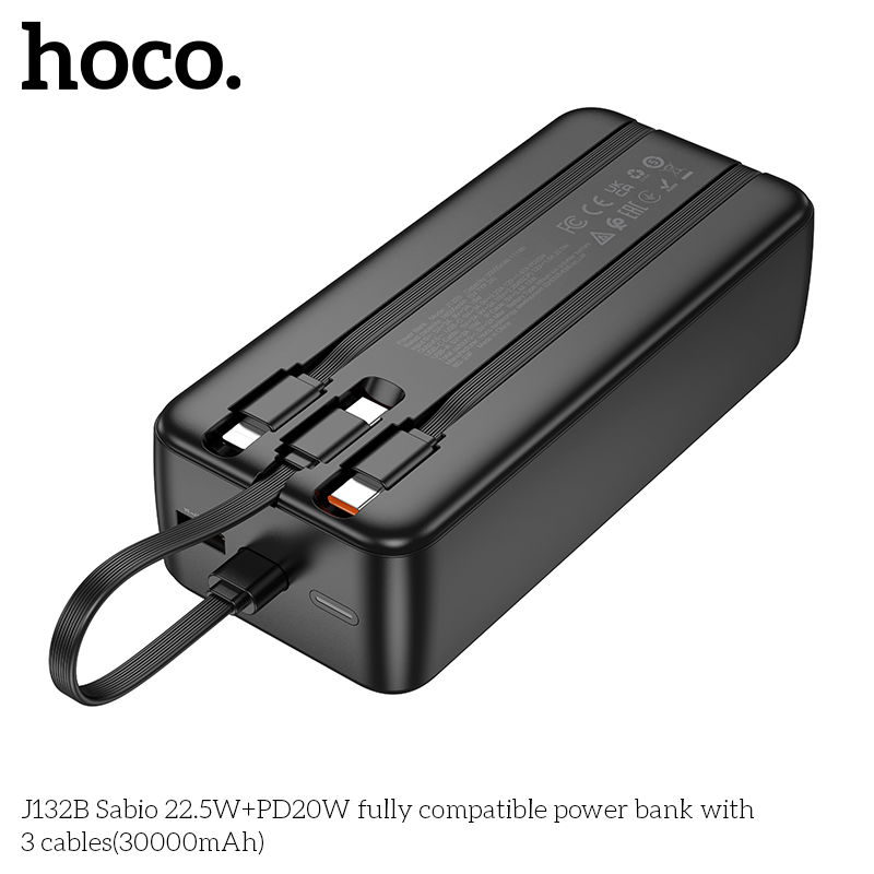 Pin sạc nhanh 22.5w HOCO J132B 30.000mAh dự phòng kèm 3 cáp liền pin có led chính hãng [BH 1 Năm]