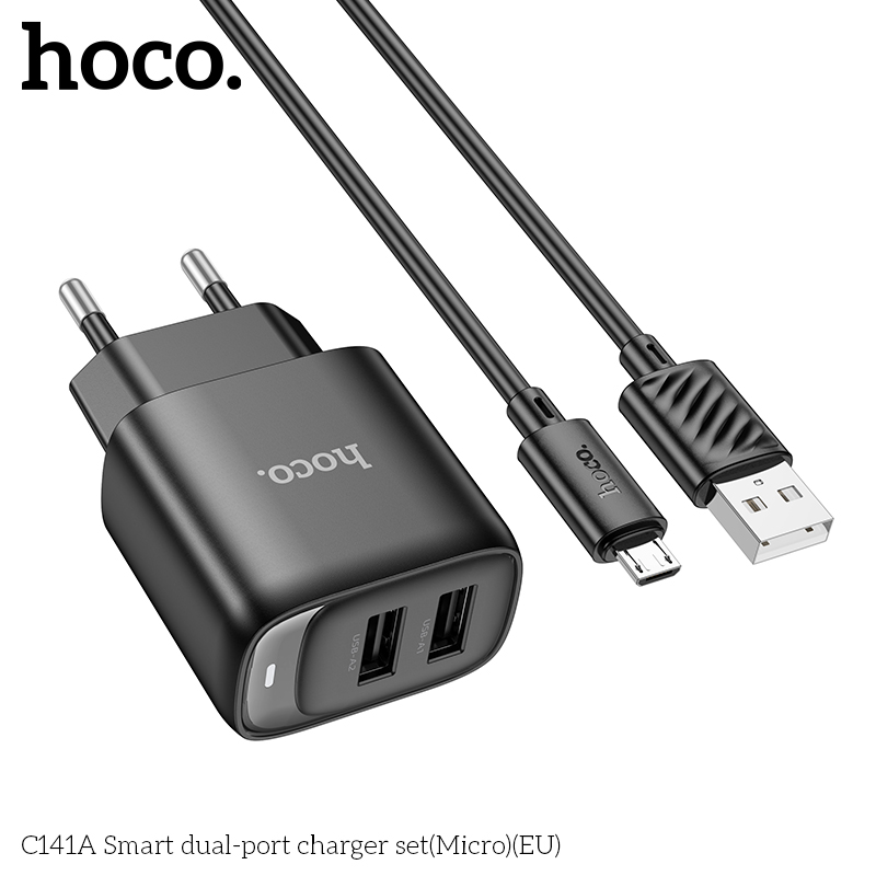 Bộ sạc HOCO C141A (Cóc 2 cổng USB, Cáp Usb ra Samsung Micro) báo đèn LED chính hãng [BH: 1 năm]