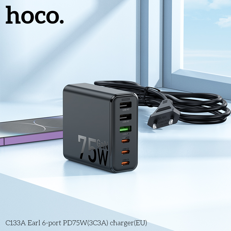 Cóc sạc nhanh 75w HOCO C133A (3 cổng USB + 3 cổng Type C PD) (3C3A) EU chính hãng [BH 1 năm]
