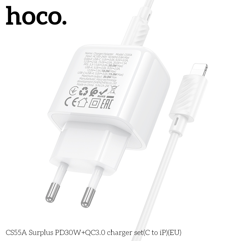 Bộ sạc nhanh 30W HOCO CS55A (Cóc 1 cổng USB QC 3.0 + 1 cổng Type C PD30W, Cáp Type C ra iPhone Lighting) (EU) báo đèn LED chính hãng [BH 1 năm]