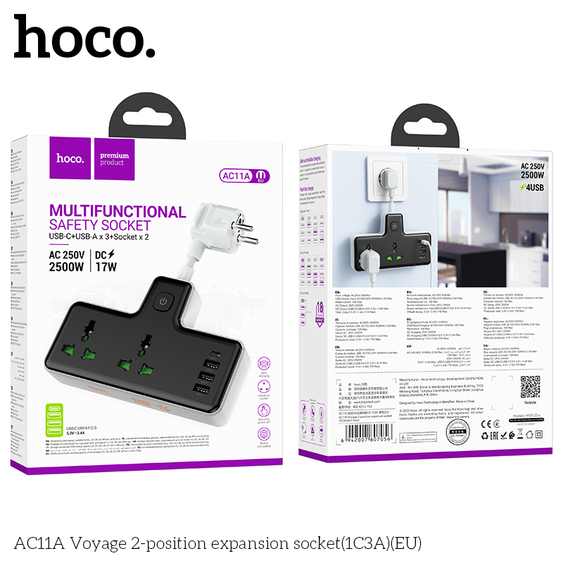 Ổ cắm điện đa năng HOCO AC11A PD17W 3 cổng USB + 1 cổng Type C cáp dài 8,5cm chính hãng [BH 1 NĂM]