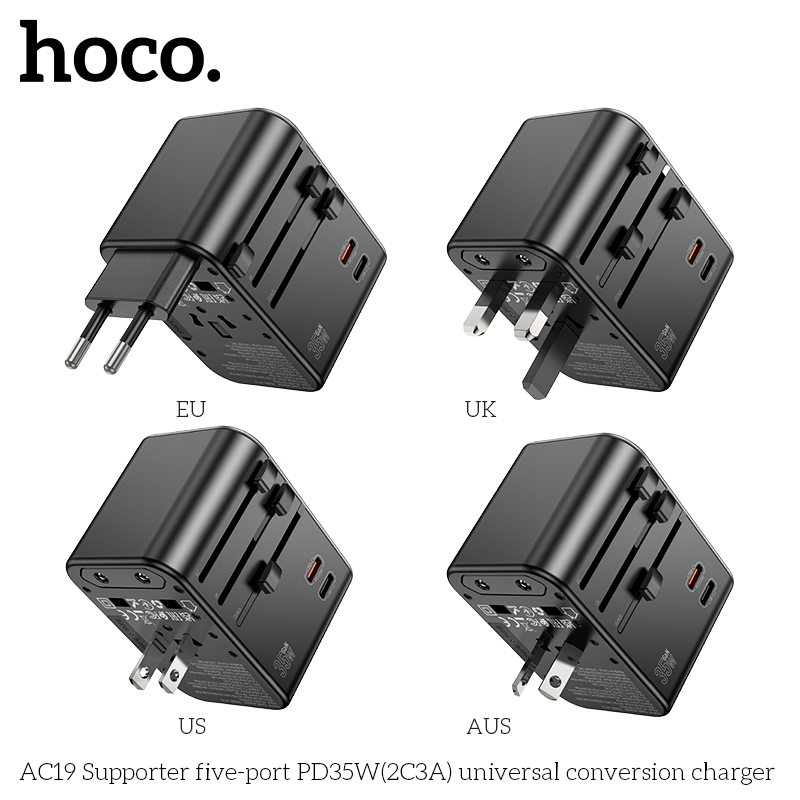 Cóc sạc chuyển đổi đa năng HOCO AC19 PD35W 3 cổng USB + 2 cổng Type C (du lịch) chính hãng [BH 1 NĂM]