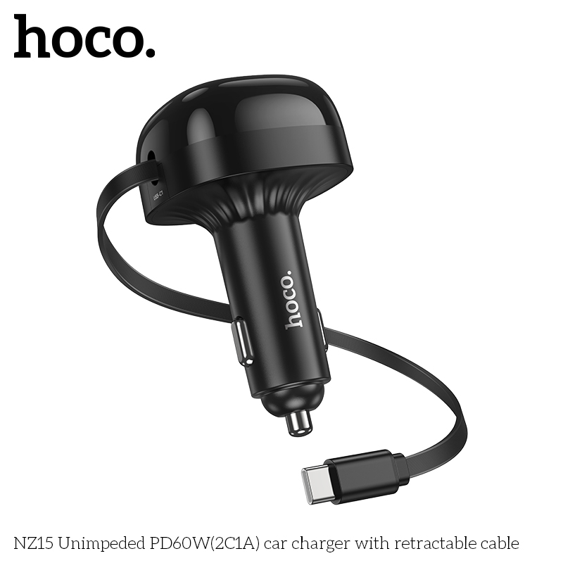 Bộ sạc nhanh 60W dây rút xe hơi Hoco NZ15 tẩu ô tô 2 cổng Type C + 1 cổng USB chính hãng  [BH 1 Năm]