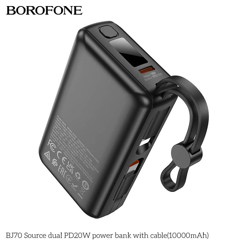 Pin sạc nhanh 20w BOROFONE BJ70 10.000mAh sạc dự phòng kèm cáp liền pin chui Type C + chui iPhone có màn hình LED chính hãng [BH 1 năm]