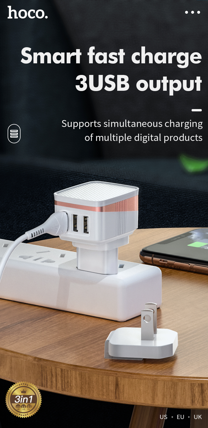 Cóc sạc nhanh 3 cổng usb Hoco C83 chính hãng kèm 3 chui rời thay thế [BH 1 năm] / pktn sale