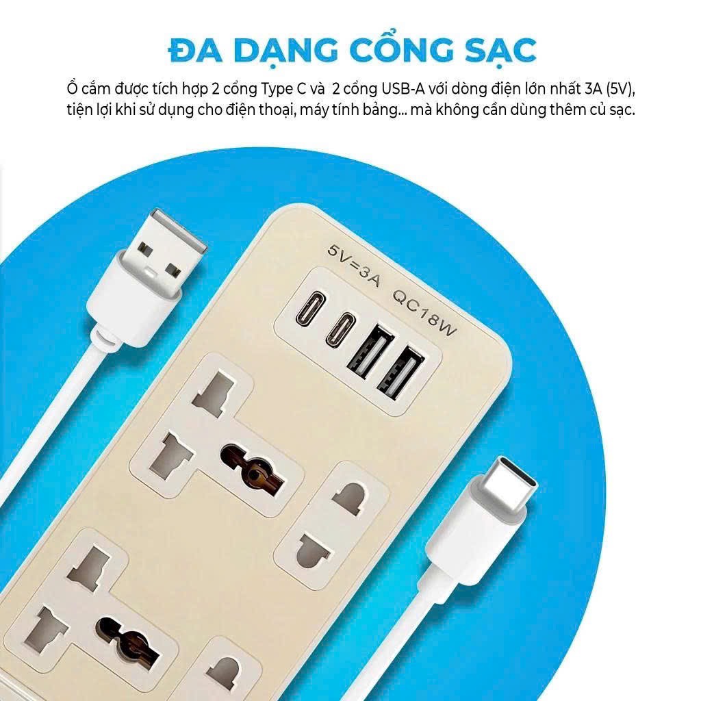 Ổ điện AC1232 2500w 4 lỗ cắm điện+ 2 cổng USB A 18W+ 2 cổng Type C 5V 3A [BH: 1 Tuần]