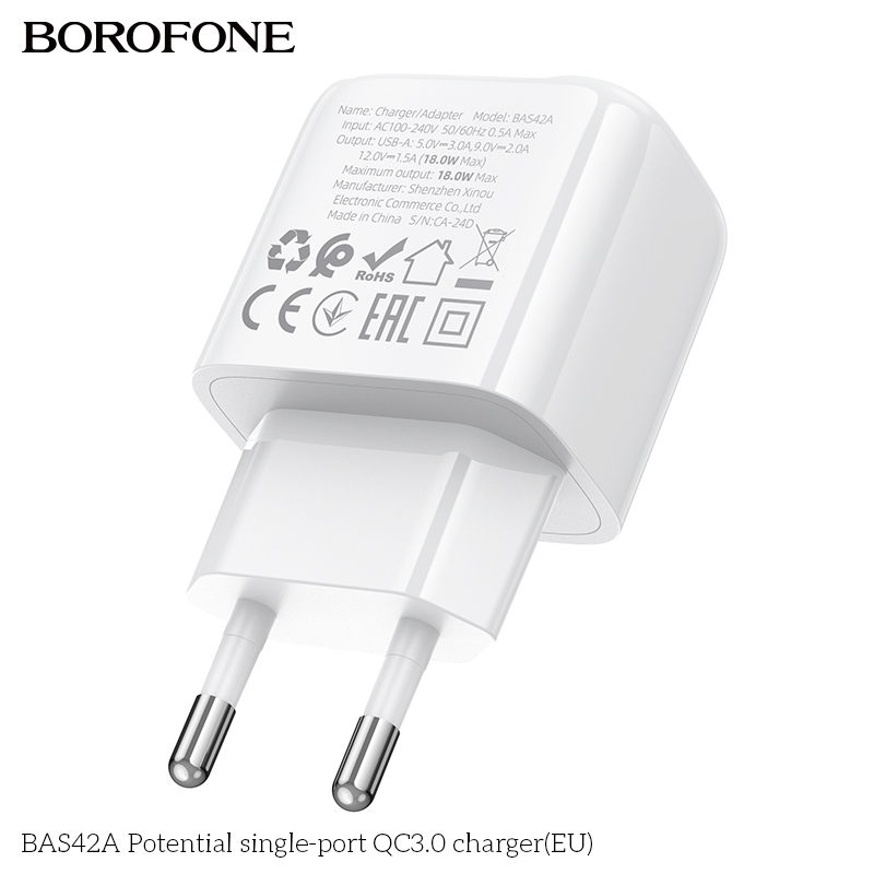 Cóc sạc nhanh 18W BOROFONE BAS42A (EU) (1 cổng USB) có báo đèn LED chính hãng [BH 1 năm]
