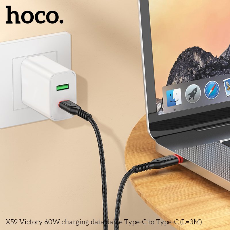 Cáp sạc nhanh 60W HOCO X59 (C-C 3M) (2 đầu Type-C ra Type-C 3 mét) chính hãng [BH: 1 NĂM]