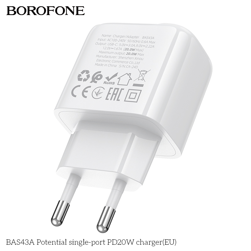 Cóc sạc nhanh 20W BOROFONE BAS43A (EU) (1 cổng Type C) chính hãng [BH 1 năm]