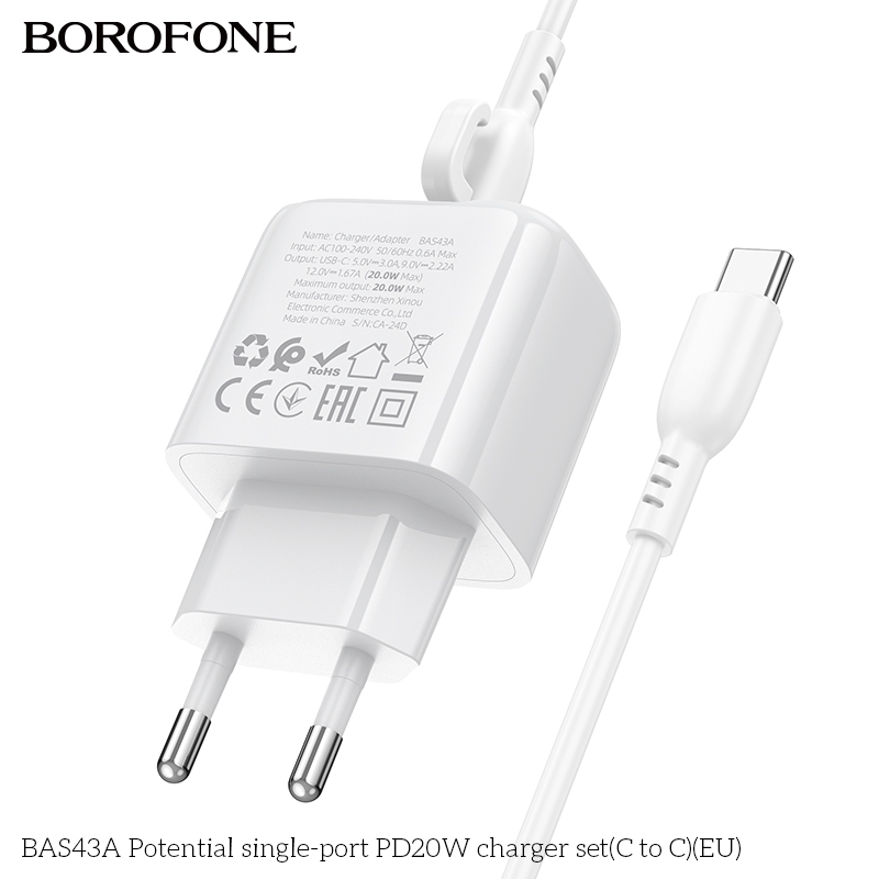 Bộ sạc nhanh 20W BOROFONE BAS43A (cóc 1 cổng Type C, cáp Type C ra Type C) (EU) có báo đèn LED chính hãng [BH 1 năm]