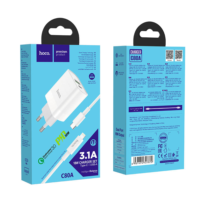Bộ sạc nhanh 20w HOCO C80A (c-l) PD QC3.0 kèm cáp Type C ra iPhone Lightning chính hãng [BH 1 năm]