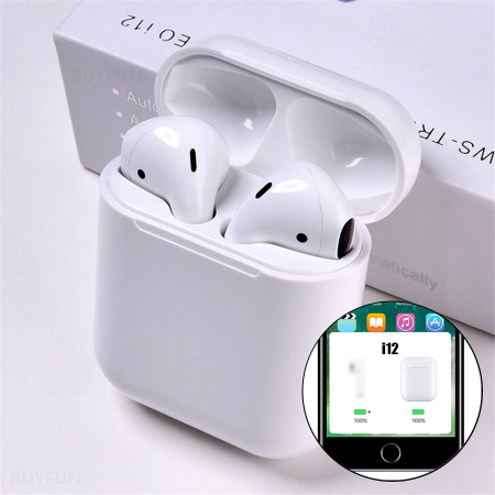 Tai nghe bluetooth i12 trắng trơn (2 tai có doc sạc, ko nút cao su) [BH: 3 THÁNG]