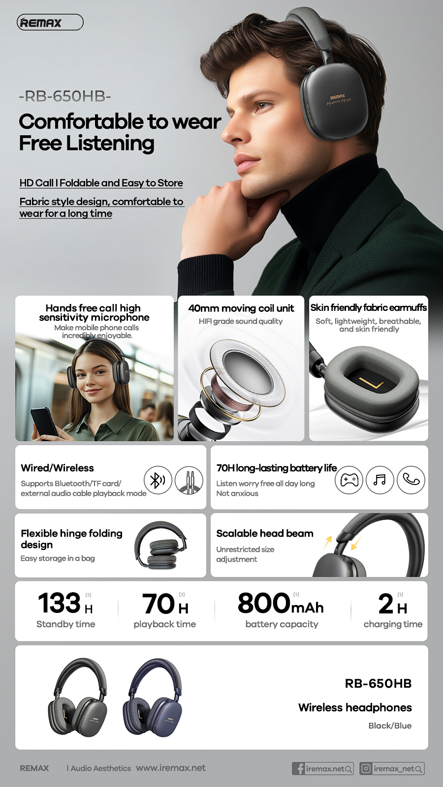 Tai nghe bluetooth REMAX RB-650HB headphone loại chụp tai siêu đẹp pin 800mAh siêu trâu [Bh 1 Năm]
