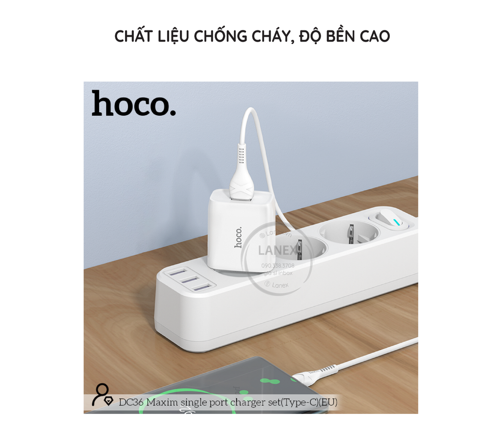 Bộ sạc nhanh 2.4A EU Hoco DC36 Type c (cóc 1 cổng usb+ cáp 1 cổng usb ra type c) chính hãng [BH: 1 NĂM]