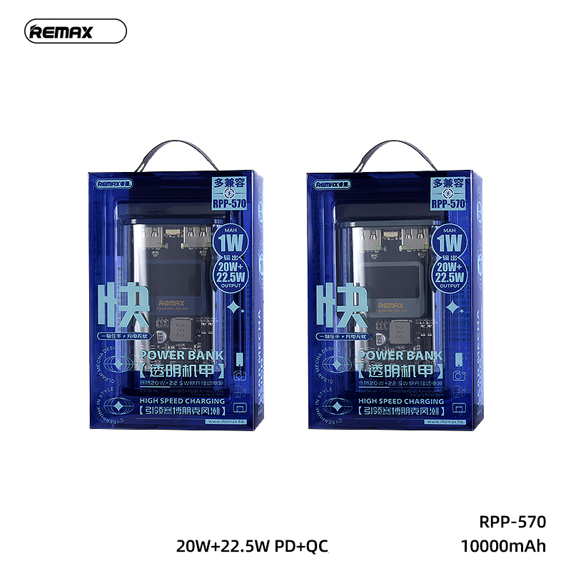 Pin sạc nhanh 22.5w REMAX RPP-570 10.000mAh dự phòng, kiểu trong suốt lộ mạch PD QC3.0 chính hãng [BH 1 năm]