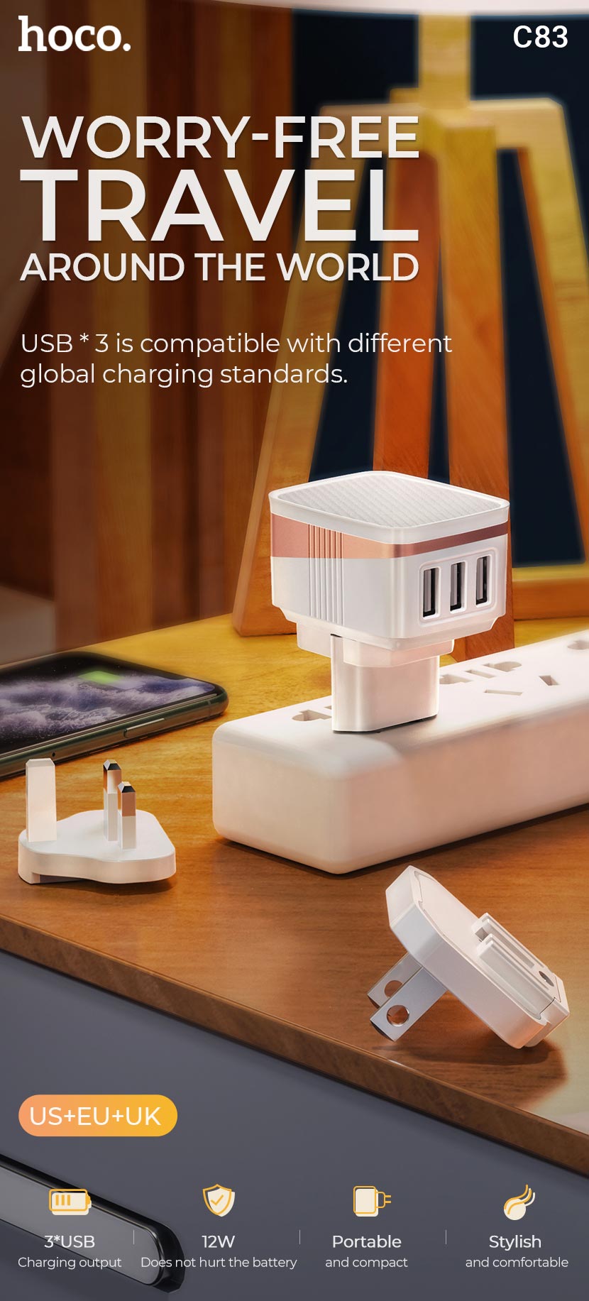Cóc sạc nhanh 3 cổng usb Hoco C83 chính hãng kèm 3 chui rời thay thế [BH 1 năm] / pktn sale
