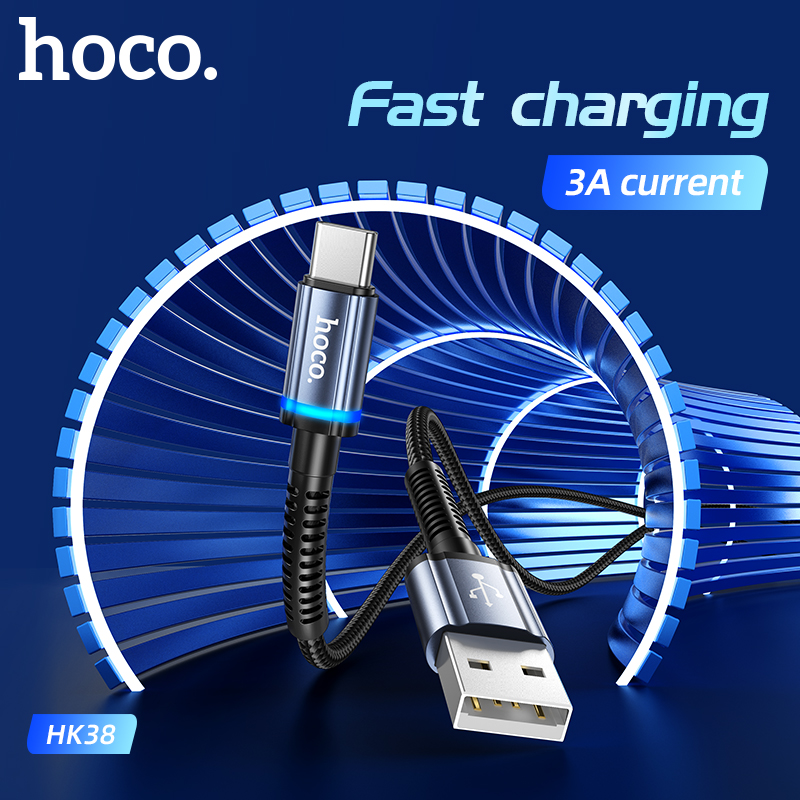 Cáp sạc nhanh 3A 1m HOCO HK38 (usb ra type-c) có đèn led báo sạc dây dù chính hãng [BH 1 năm]