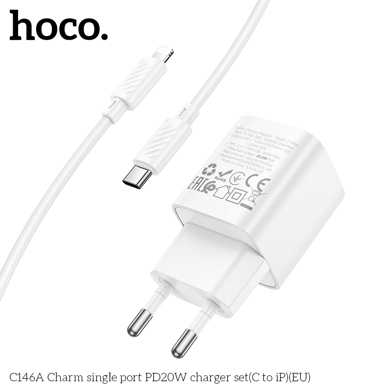 Bộ sạc nhanh 20W HOCO C146A (c-l) Type-C ra iPhone Lightning chính hãng [BH 1 NĂM]