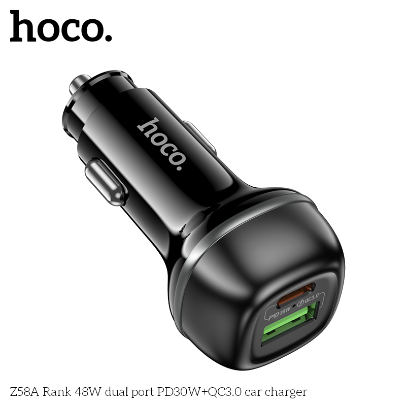 Cóc sạc nhanh xe hơi ô tô 48W cổng kép HOCO Z58A (1 cổng USB QC3.0 + 1 cổng Type C PD30W) chính hãng [BH 1 năm]