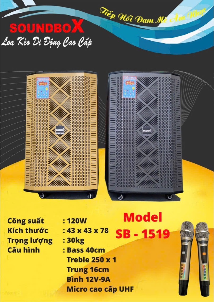 Loa kéo 4 tấc Soundbox SB-1519 (3 đường tiếng) di động karaoke siêu hay bluetooth kèm 2 micro không dây [BH 1 năm]