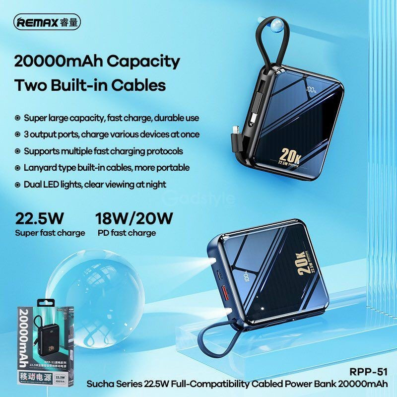 Pin sạc nhanh 22.5w REMAX RPP-51 20.000mAh PD QC3.0 sạc dự phòng kèm cáp liền pin, có đèn pin chính hãng [BH 1 năm]