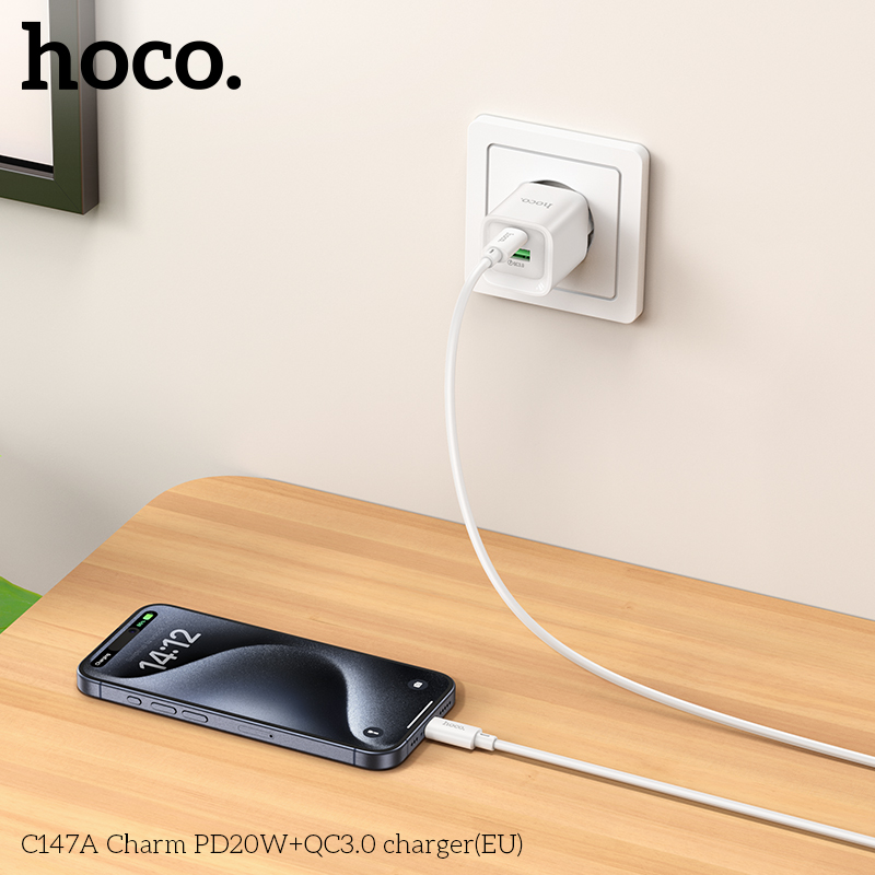 Cóc sạc nhanh 20w HOCO C147A (EU) (1 cổng USB QC3.0 + 1 cổng Type C PD) chính hãng [BH 1 năm]