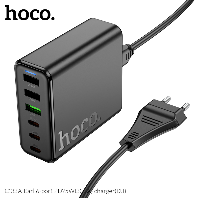 Cóc sạc nhanh 75w HOCO C133A (3 cổng USB + 3 cổng Type C PD) (3C3A) EU chính hãng [BH 1 năm]