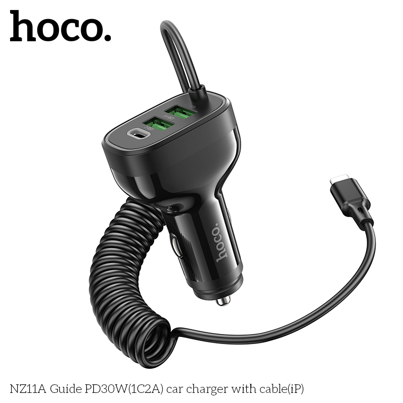 Bộ sạc cho xe hơi 30W HOCO NZ11A cáp iPhone (1 cổng Type C PD + 2 cổng USB) chính hãng [BH 1 NĂM]
