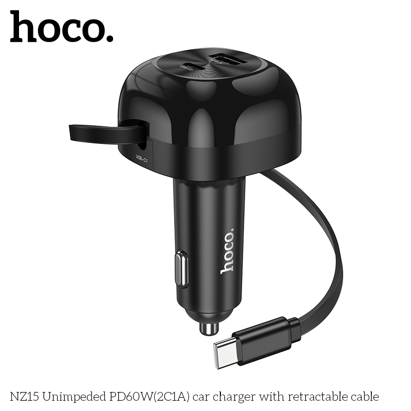 Bộ sạc nhanh 60W dây rút xe hơi Hoco NZ15 tẩu ô tô 2 cổng Type C + 1 cổng USB chính hãng  [BH 1 Năm]