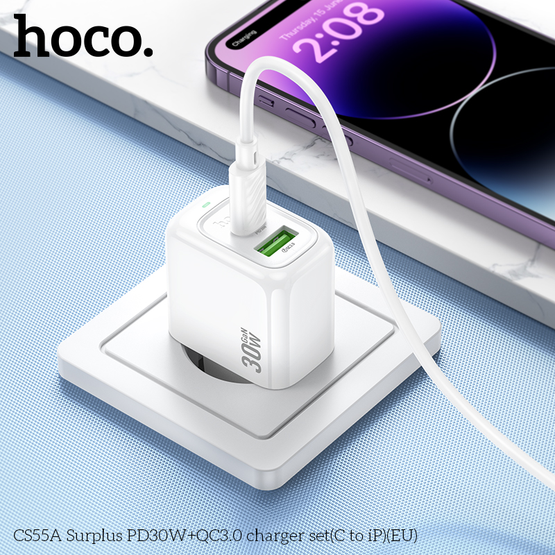 Bộ sạc nhanh 30W HOCO CS55A (Cóc 1 cổng USB QC 3.0 + 1 cổng Type C PD30W, Cáp Type C ra iPhone Lighting) (EU) báo đèn LED chính hãng [BH 1 năm]