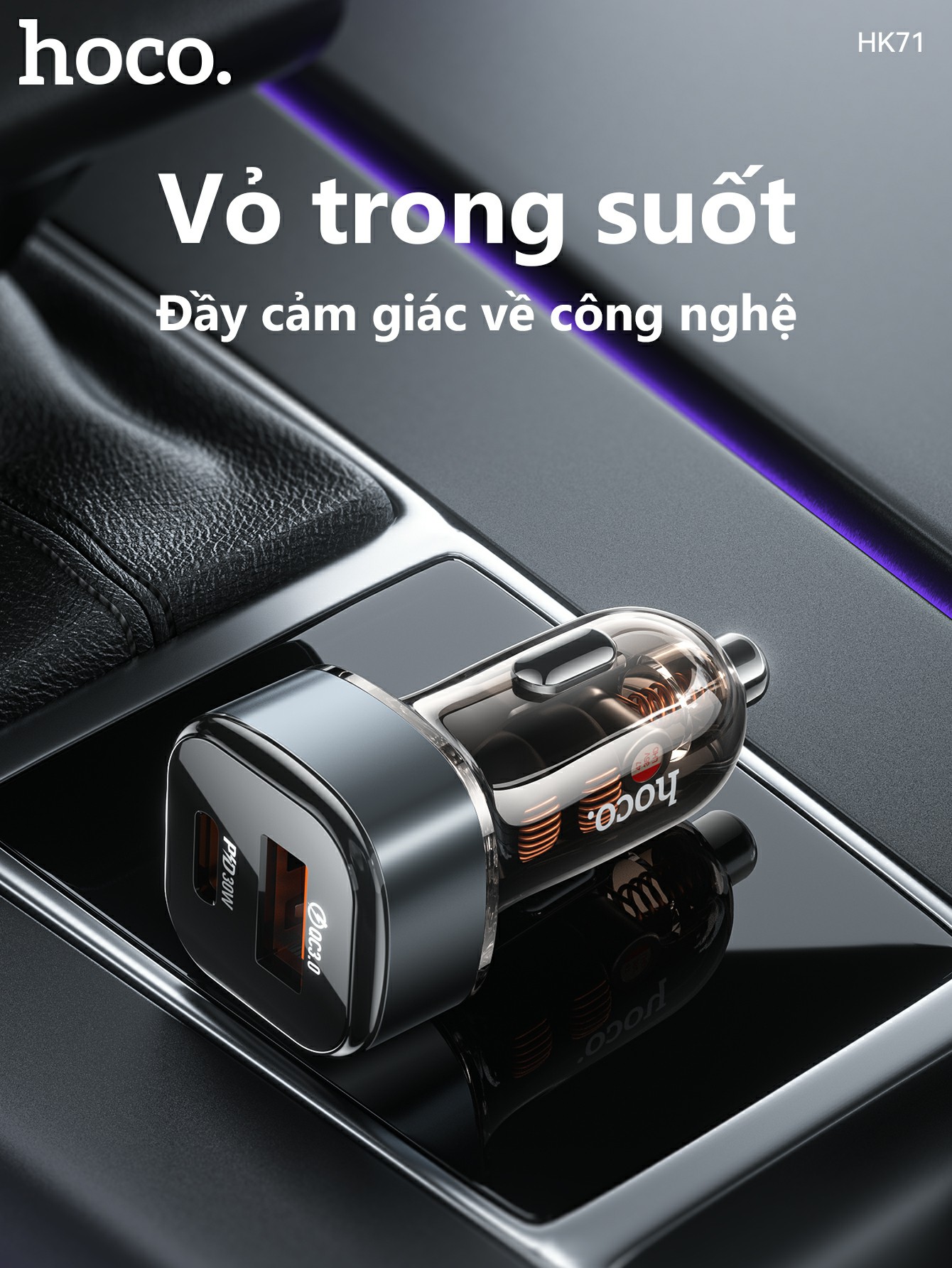 Cóc sạc nhanh xe hơi trong suốt 30w HOCO HK71 (1 cổng USB QC3.0 18W, 1 cổng Type C PD30W) chính hãng [BH 1 năm]