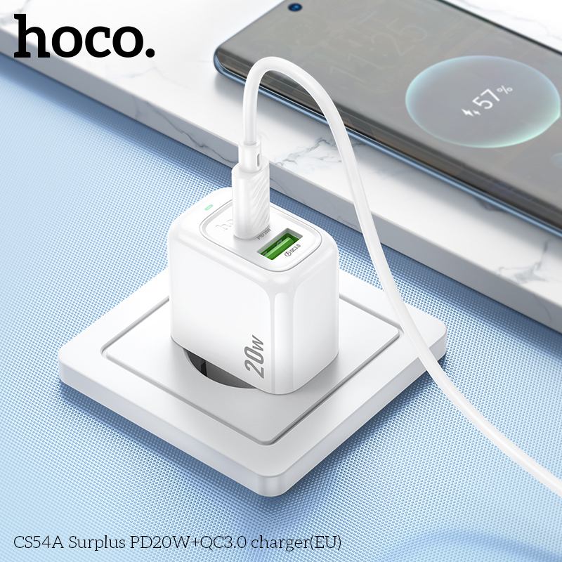 Cóc sạc nhanh 20W HOCO CS54A chân tròn (EU) (1 cổng Type C PD20W + 1 cổng USB QC3.0) chính hãng [BH 1 Năm]