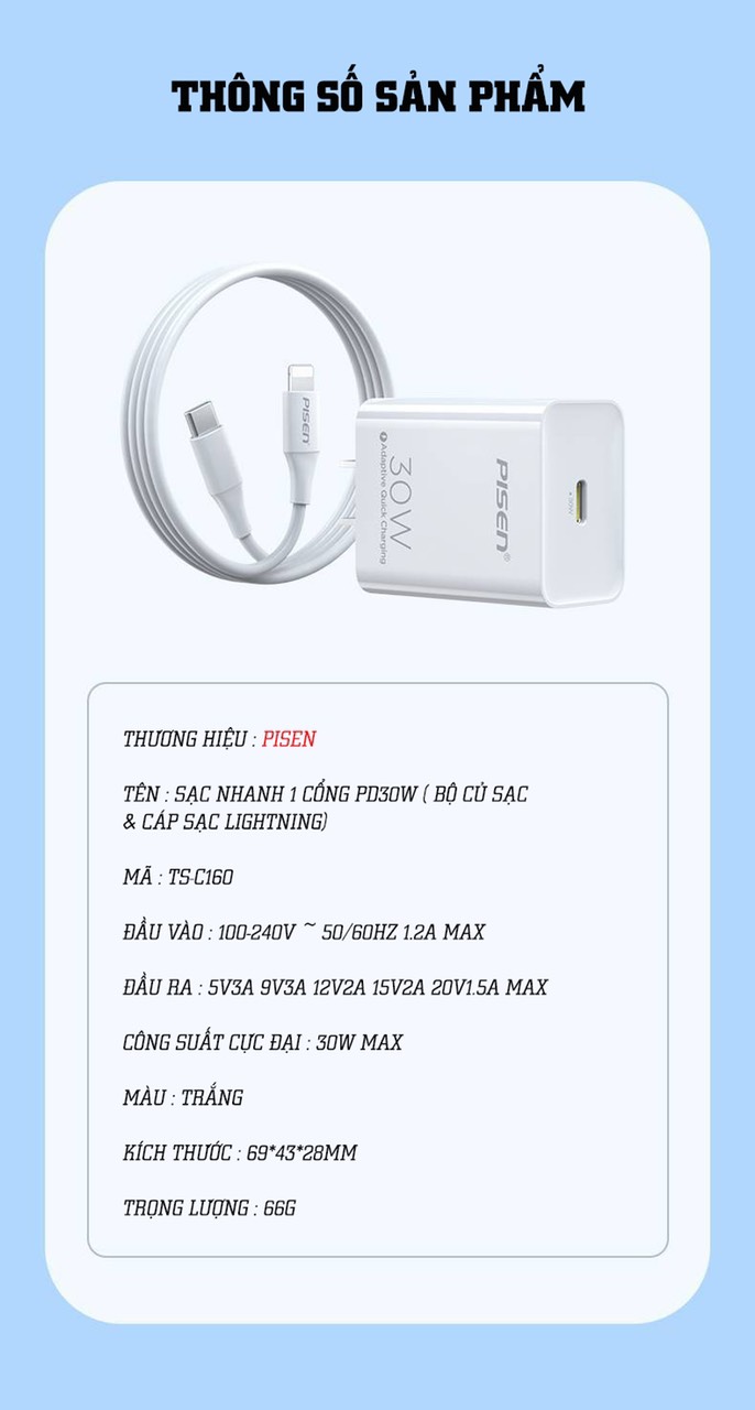 Bộ sạc nhanh 30w PISEN TS-C160 / C179 (c-l) kèm cáp pd type c ra iphone lightning 20w chính hãng [BH 6 tháng]