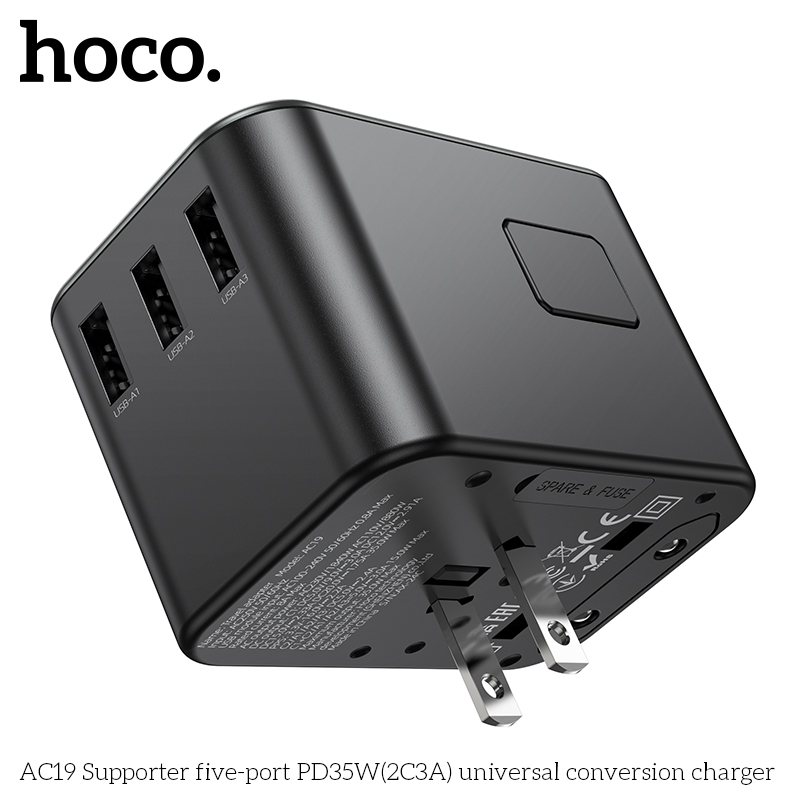 Cóc sạc chuyển đổi đa năng HOCO AC19 PD35W 3 cổng USB + 2 cổng Type C (du lịch) chính hãng [BH 1 NĂM]