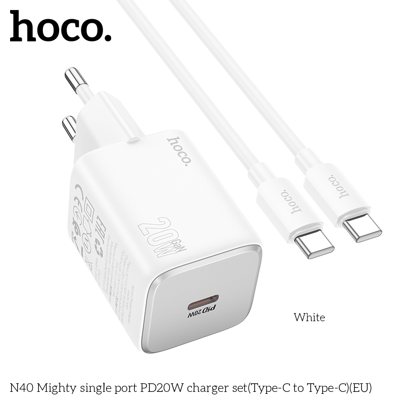 Bộ sạc nhanh 20w HOCO N40 (c-c) cáp 2 đầu type-c chính hãng (cóc 1 cổng type-c) [Bh 1 năm] / pktn sale