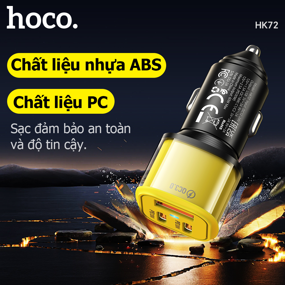 Cóc sạc nhanh xe hơi 60w HOCO HK72 (1 cổng USB, 2 cổng Type C) chính hãng [BH 1 năm]