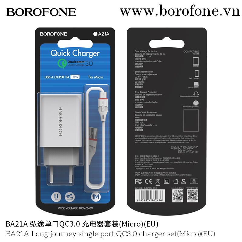 Bộ sạc nhanh BOROFONE BA21A Usb ra samsung micro QC3.0 chính hãng [BH 1 năm]