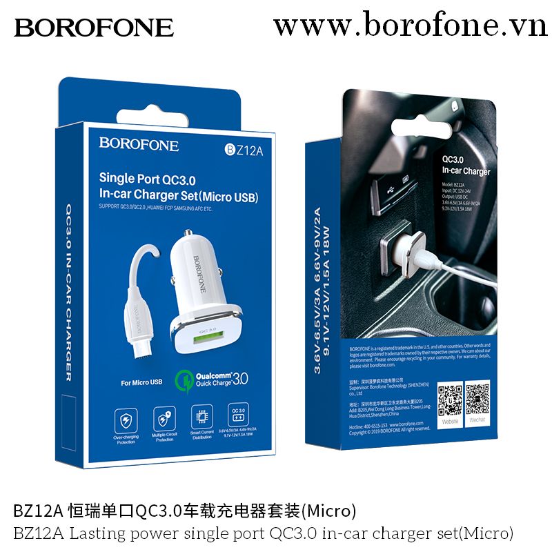 Cóc sạc xe hơi BOROFONE BZ12A (Micro) 1 cổng usb sạc nhanh QC3.0 kèm cáp sạc samsung micro chính hãng [BH 1 năm]