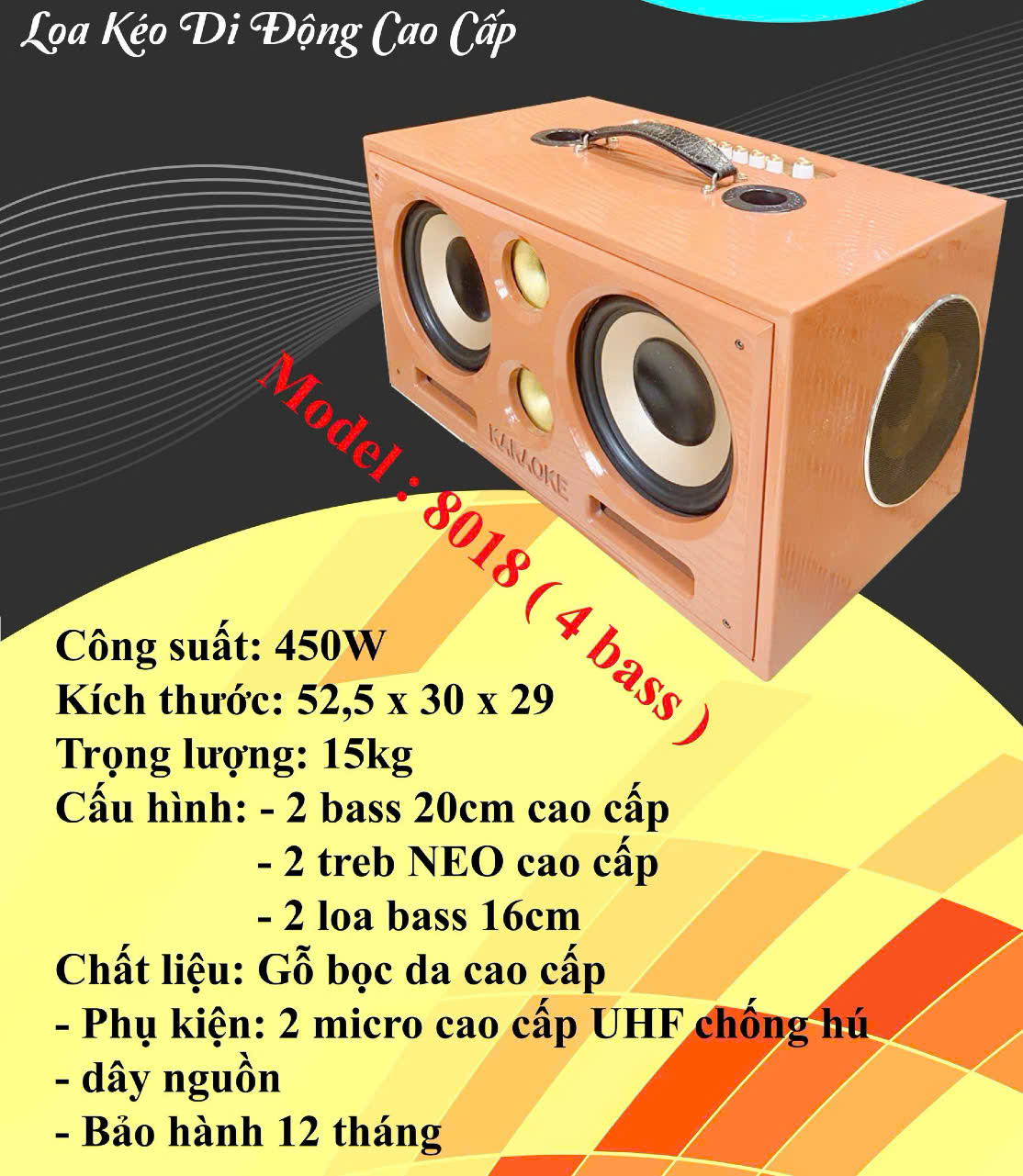 Loa bluetooth Karaoke xách tay 8018 4bass loa gỗ bọc giả da cao cấp kèm 2 mic UHF chống hú