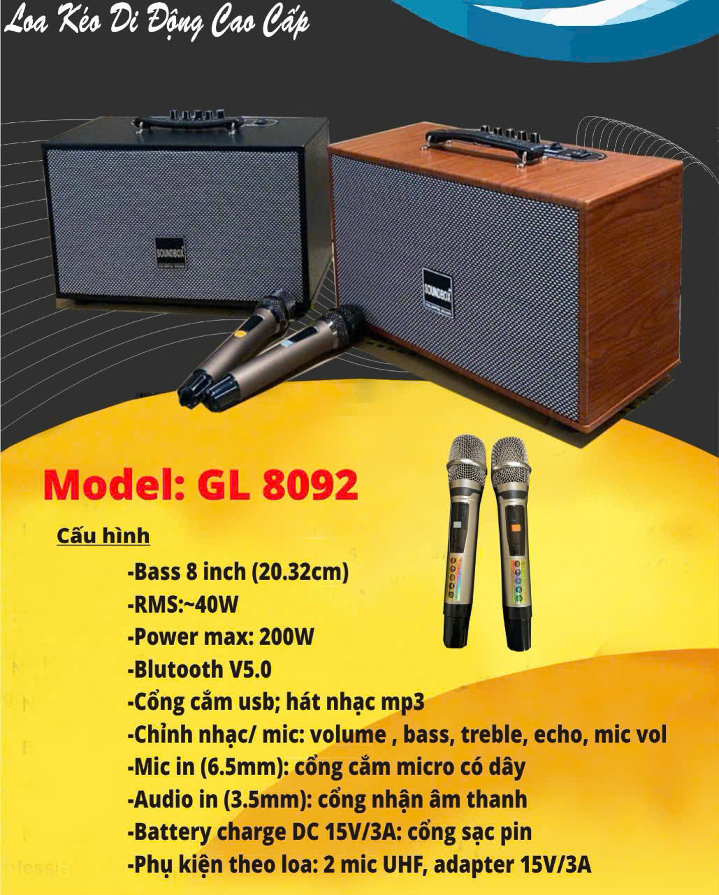 Loa bluetooth Karaoke xách tay SoundBox GL 8092 loa gỗ siêu đẹp kèm 2 mic UHF chống hú