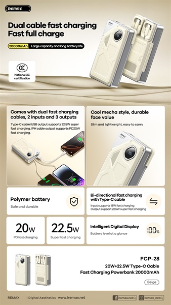 Pin sạc nhanh 22.5w REMAX FCP-28 20.000mAh dự phòng kèm cáp liền pin chính hãng [BH 1 năm]