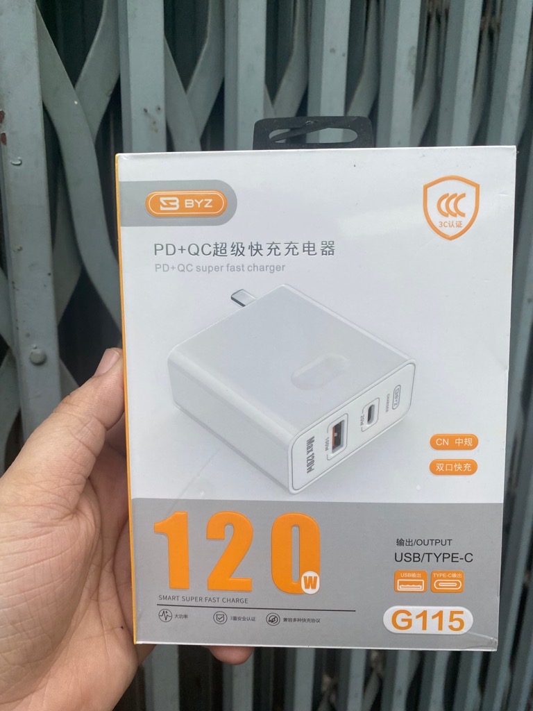 Cóc sạc nhanh 120w BYZ G115 (1 cổng usb QC3.0 vs 1 cổng type-c PD) chính hãng [BH 6 tháng]