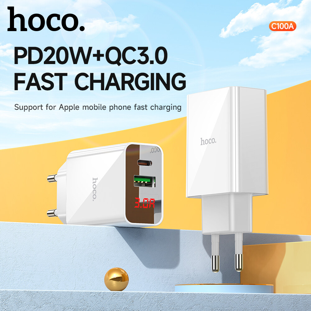 Bộ sạc nhanh 20w HOCO C100A (c-l) LCD kèm cáp Type C ra iPhone Lightning (Cóc 1 cổng USB QC3.0 vs 1 cổng Type C PD) cho iPhone 11 12 13 Pro Max chính hãng [BH 1 năm]