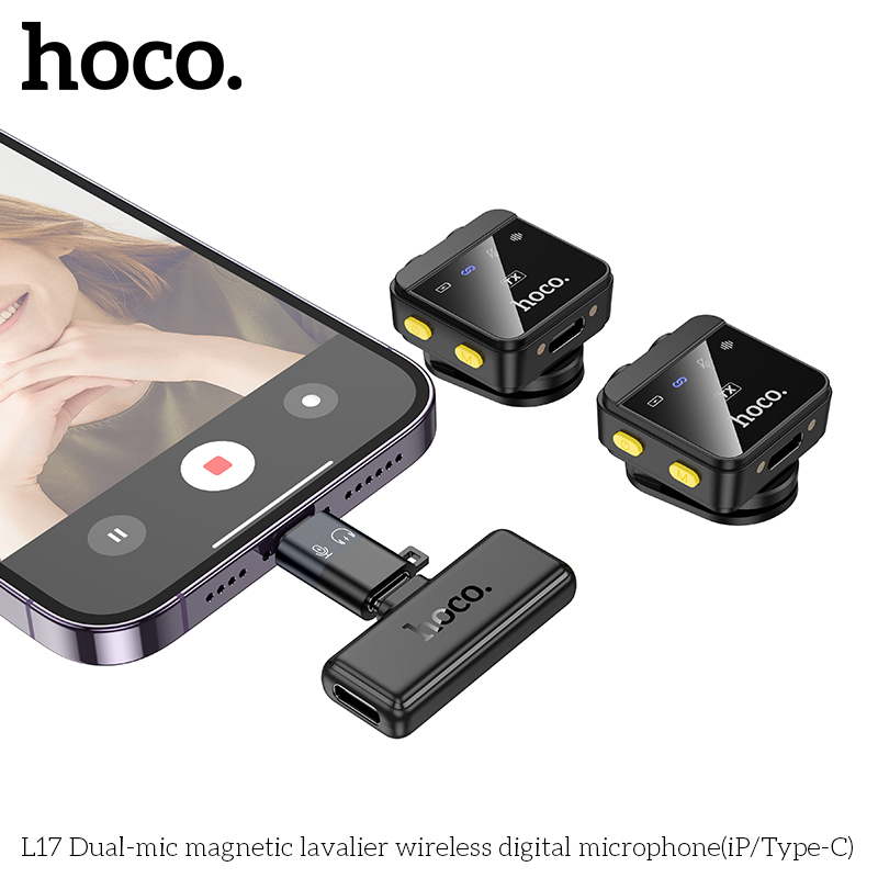 Mic thu âm không dây từ tính HOCO L17 Dual Mic (iP/Type-C) cài áo chính hãng [BH 1 năm]