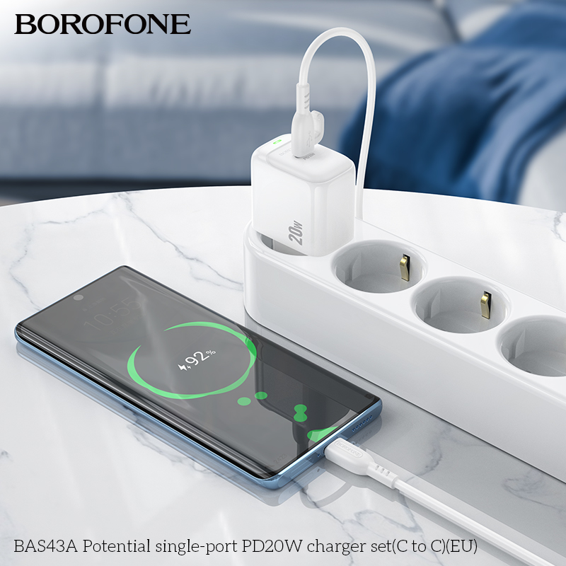 Bộ sạc nhanh 20W BOROFONE BAS43A (cóc 1 cổng Type C, cáp Type C ra Type C) (EU) có báo đèn LED chính hãng [BH 1 năm]