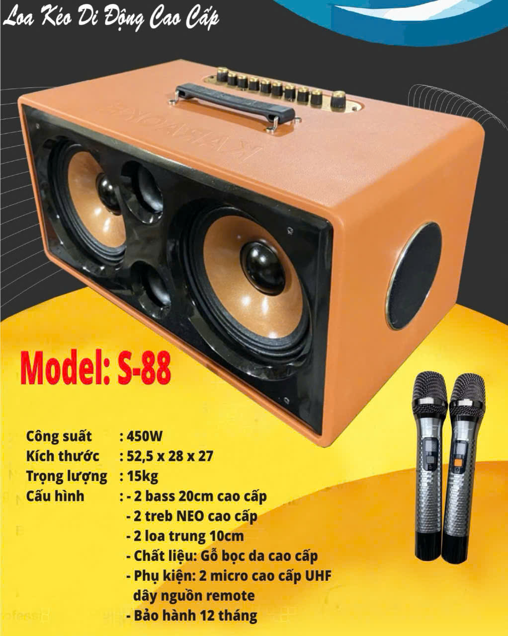 Loa bluetooth Karaoke xách tay S-88 gỗ bọc giả da siêu đẹp kèm 2 mic UHF chống hú
