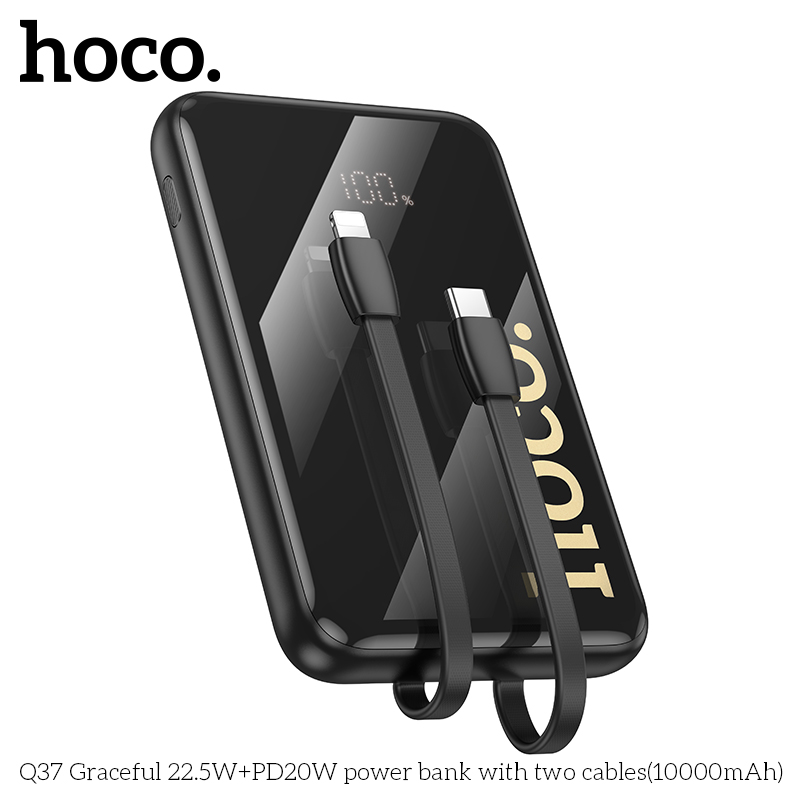 Pin sạc nhanh 22.5w+PD20W HOCO Q37 Graceful 10.000mAh sạc dự phòng kèm cáp liền pin chui Type C + chui iPhone có màn hình LED chính hãng [BH 1 năm]