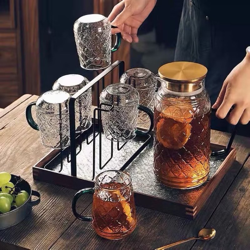 Bộ bình kèm 6 ly thủy tinh có quai cầm uống nước Kim cương SJ507 - màu sắc tùy lô [BH: NONE]