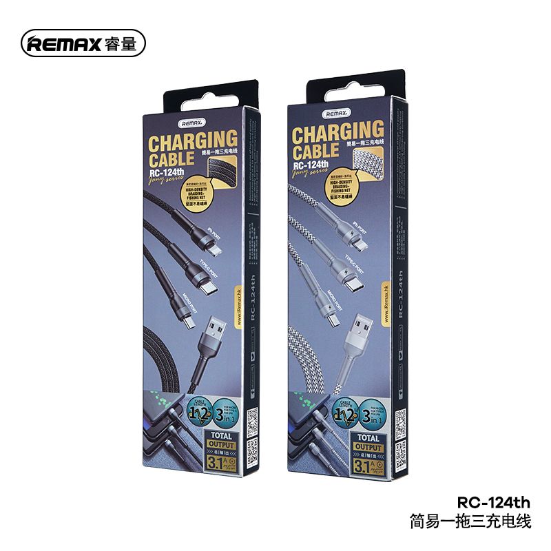 Cáp sạc nhanh 3 đầu Remax RC-124th đa năng chính hãng [BH 1 Năm]