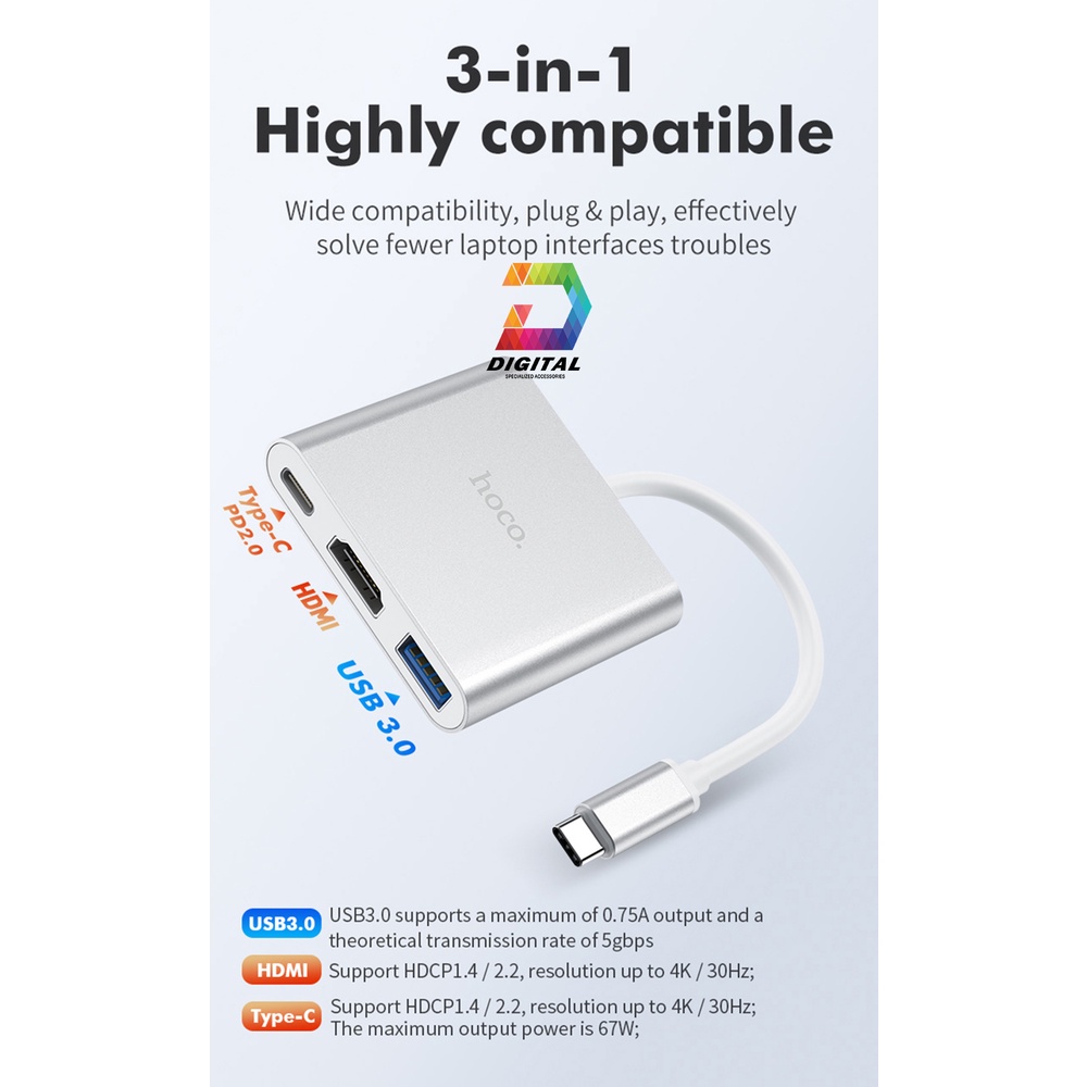 JACK CHUYỂN HOCO HB14 CÁP CHÂN TYPE-C RA USB 3.0 + TYPE-C + HDMI CHÍNH HÃNG [BH: 1 năm]